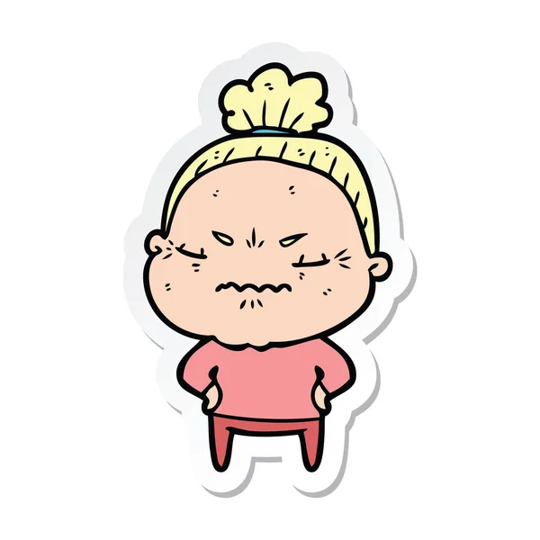 Sticker of a cartoon annoyed old lady — Stock Vector