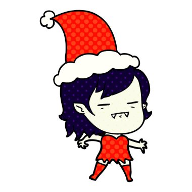 Noel Baba şapkası giyen bir ölümsüz vampir kız çizgi roman tarzı çizimi el çekilmiş