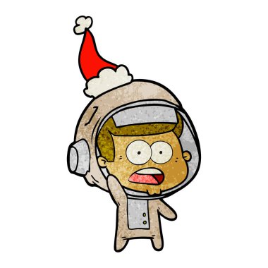 Noel Baba şapkası giyen sürpriz bir astronotun dokulu çizgi film