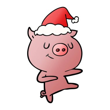 domuz giyen Noel Baba şapkası dans bir mutlu degrade çizgi film