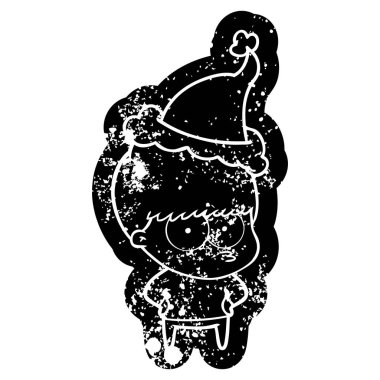 gergin ilginç çizgi film simgesi Noel Baba şapkası giyen bir çocuk sıkıntılı