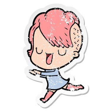 hippi saç kesimi ile sevimli çizgi kızın sıkıntılı etiket