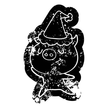 Noel Baba şapkası giyen bir domuz mutlu karikatür sıkıntılı simgesi