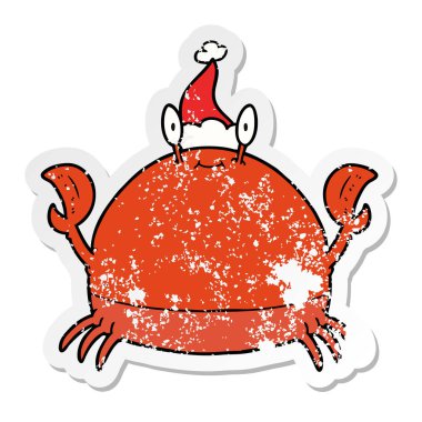 sıkıntılı etiket karikatür Noel Baba şapkası giyen Yengeç