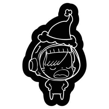 çizgi film simgesi giyen Noel Baba şapkası açıklayan bir astronot kadının