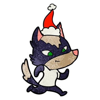 Noel Baba şapkası giyen bir kurt dokulu çizgi film dostu el çekilmiş