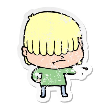 dağınık saçlı bir çizgi film çocuk sıkıntılı etiket