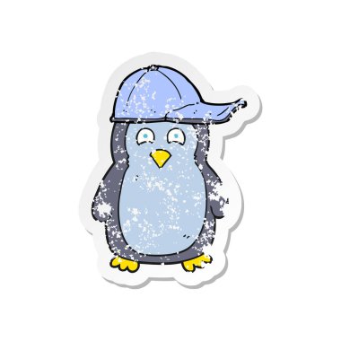 şapka giyen bir karikatür penguen Retro sıkıntılı etiket
