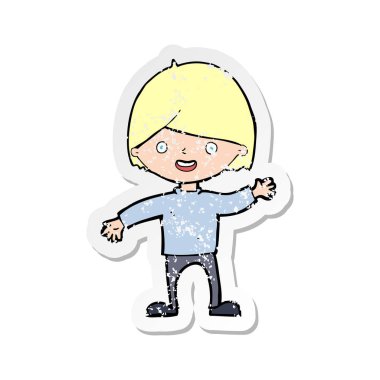 Retro etiket çocuk sallayarak bir karikatür sıkıntılı