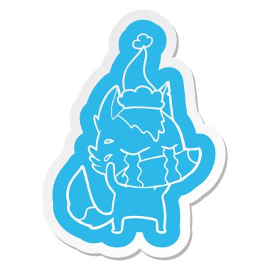 Noel Baba şapkası giyen ağlayan kurt çizgi film etiketi