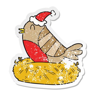 sıkıntılı etiket karikatür oturan bir kuş yuva giyen san