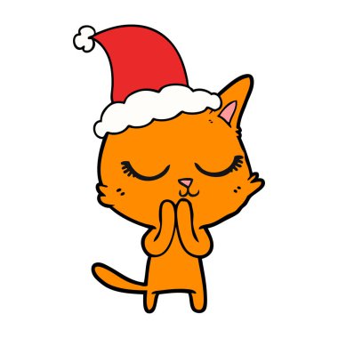 el çizilmiş çizim için Noel Baba şapkası giyen bir kedi sakin