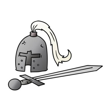 Degrade çizgi film doodle bir ortaçağ kask ve kılıç