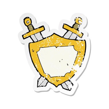 Retro sıkıntılı etiket bir karikatür kalkan ve kılıç