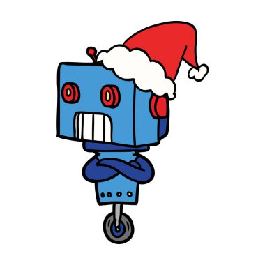 çizim için Noel Baba şapkası giyen bir robot el çekilmiş