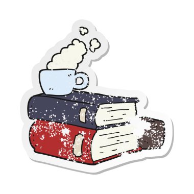 bir karikatür sıkıntılı etiket kitap ve kahve fincanı
