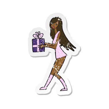 hediye ile bir çizgi film moda kız Retro sıkıntılı etiket