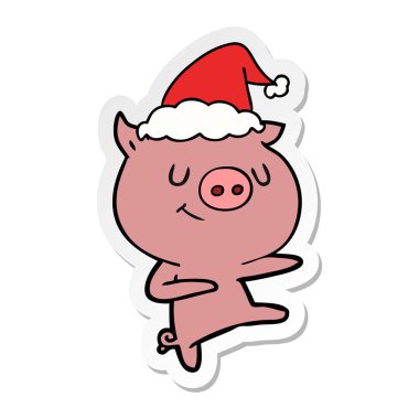 mutlu etiket karikatür giyen Noel Baba şapkası dans domuz