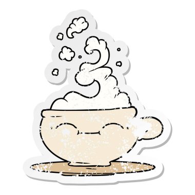 çizgi film sıcak bir fincan kahve sıkıntılı etiket