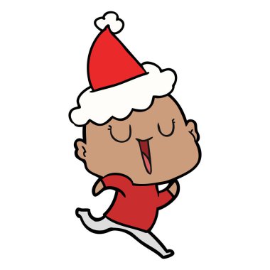 Noel Baba şapkası giyen kel bir adamın mutlu çizgi çizme