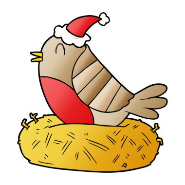 çizilmiş degrade çizgi film Noel Baba şapkası giyen yuva üzerinde oturan bir kuş el