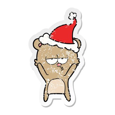 sıkılmış ayı sıkıntılı etiket karikatür giyen Noel Baba şapkası
