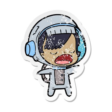 bir çizgi film konuşan astronot kadının sıkıntılı etiket