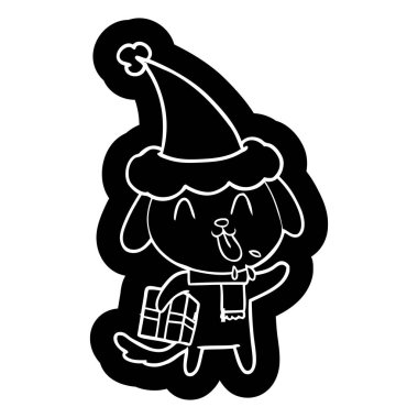 Noel hediyesi giyen Noel Baba şapkası bir köpek sevimli ilginç çizgi simgesi