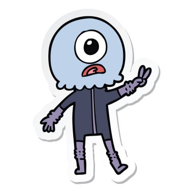 bir çizgi film Tepegöz uzaylı uzaylı barış işareti veren etiket