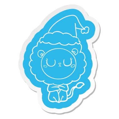 Noel Baba şapkası giyen aslan çizgi film etiketi