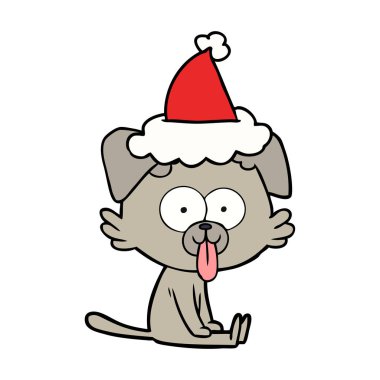 Noel Baba şapkası giyen yapışmasını dil ile çizim için bir oturma köpek el çekilmiş