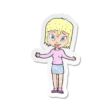 bir çizgi film kadının omuzlarında shrugging Retro sıkıntılı etiket