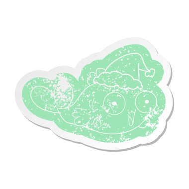 Mutlu Akvaryum balığı giyen Noel Baba şapkası, sıkıntılı Etiket cartoon