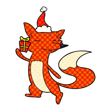 çizgi roman tarzı illüstrasyon santa şapka mutlu tilki