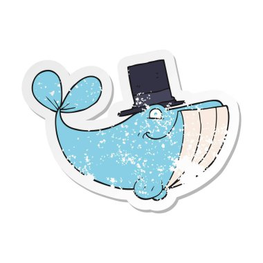 Silindir şapka giyen bir karikatür balinanın Retro sıkıntılı etiket