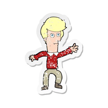 Retro sıkıntılı etiket sallayarak bir çizgi film adamın