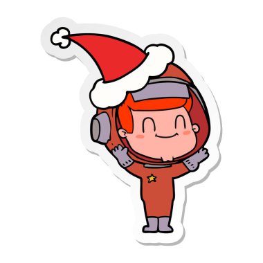 Noel Baba şapkası giyen bir astronot adam mutlu etiket karikatür
