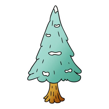 Degrade çizgi film doodle tek karla kaplı ağaç