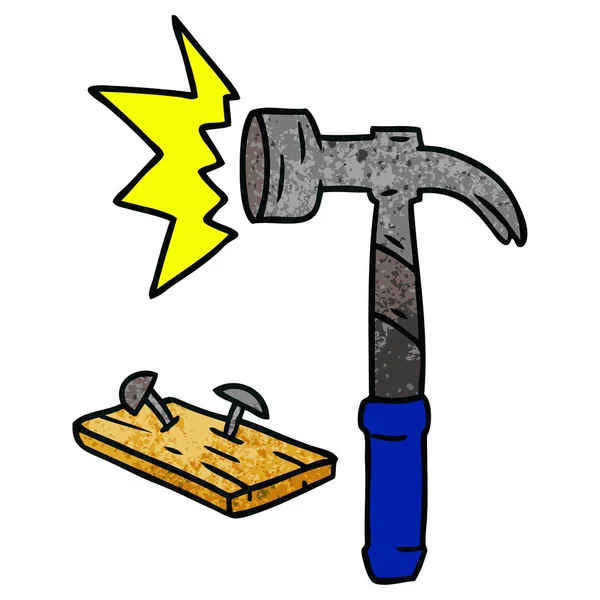 Garabato de dibujos animados texturizado de un martillo y clavos — Vector de stock
