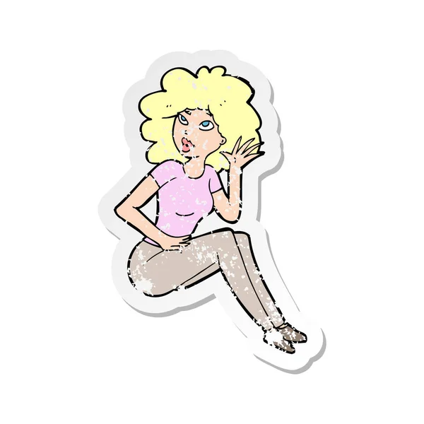 Retro Noodlijdende Sticker Van Een Cartoon Vrouw Luisteren — Stockvector
