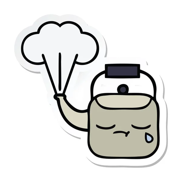 Su ısıtıcısı dumanı tüten bir sevimli çizgi etiket — Stok Vektör