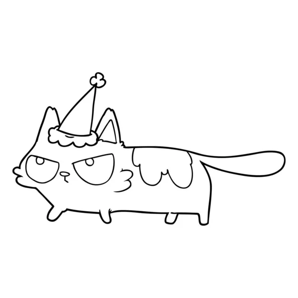 Γραμμικό σχέδιο ενός θυμωμένος γάτα φοράει καπέλο Σάντα — Διανυσματικό Αρχείο
