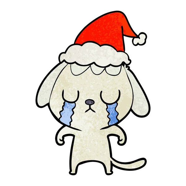 Mignon dessin animé texturé d'un chien pleurant portant santa chapeau — Image vectorielle