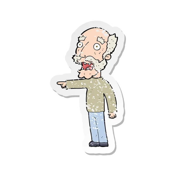 Retro distressed sticker of a cartoon scared old man pointing — Stock Vector