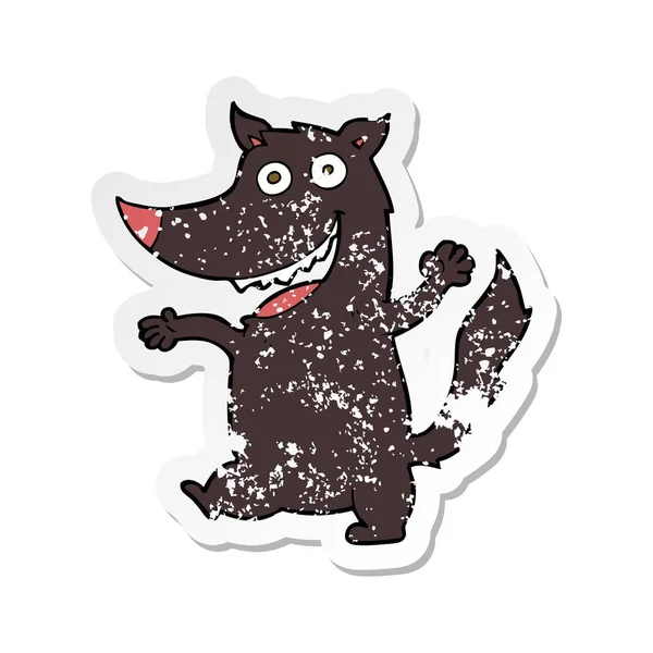 Retro noodlijdende sticker van een cartoon gelukkig wolf — Stockvector