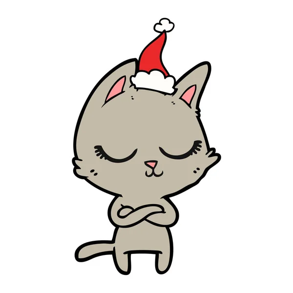 Ruhige Handgezeichnete Linienzeichnung Einer Katze Mit Weihnachtsmütze — Stockvektor