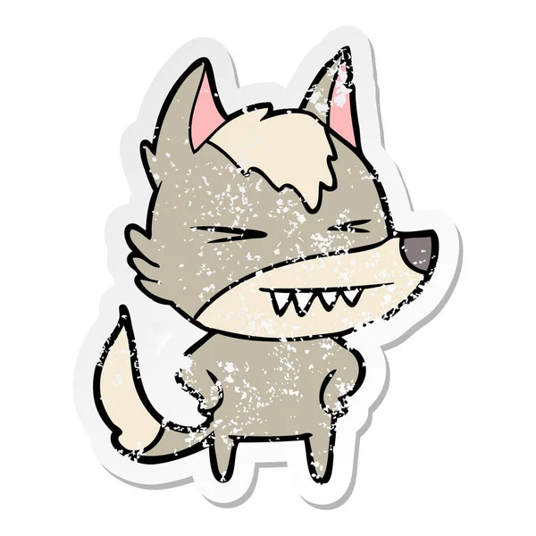 Verontruste sticker van een cartoon van de boze wolf — Stockvector