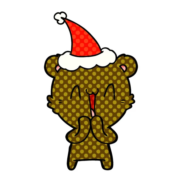 Felice Orso Disegnato Mano Fumetto Illustrazione Stile Cappello Babbo Natale — Vettoriale Stock