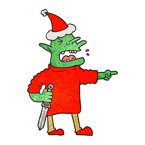 Textured cartoon of a goblin with knife wearing santa hat — Stock Vector