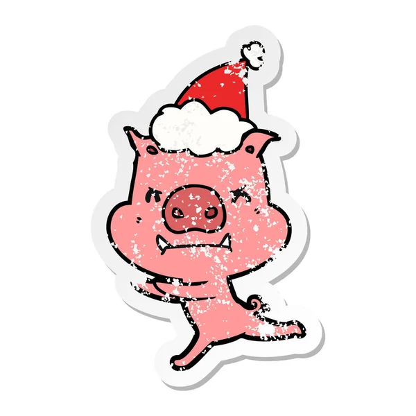 Злобная наклейка на свинью в шляпе Санты — стоковый вектор